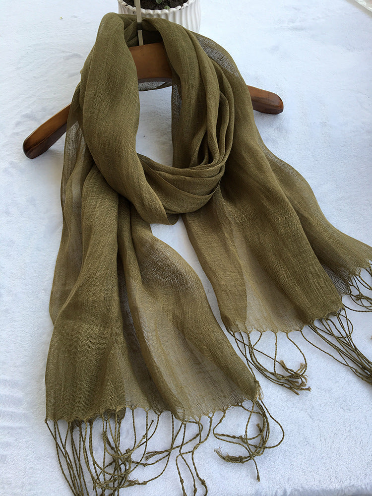 55*180cm Fashion Soft Solid Women 100% Linen Flax Tassel Scarf Summer Travel Sunscreen Long Shawl Elegant Hijab Women Foulard