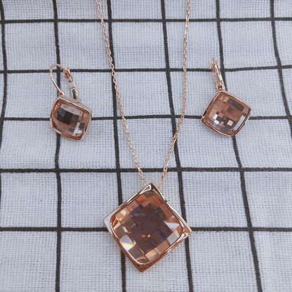 Classic Temperament Square Crystal Necklace Earrings suit European and American Retro Fashion Jewelry Cross-border E-commerce Supply