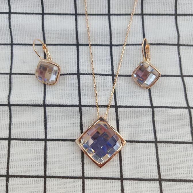 Classic Temperament Square Crystal Necklace Earrings suit European and American Retro Fashion Jewelry Cross-border E-commerce Supply