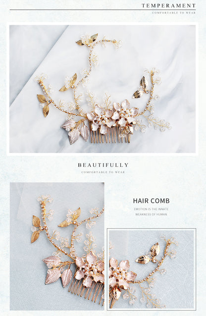 European and American New Jewelry Handmade Bridal Headwear Alloy Flower Branches Hair Comb Pearl Diamond Comb Banquet Hair Accessories