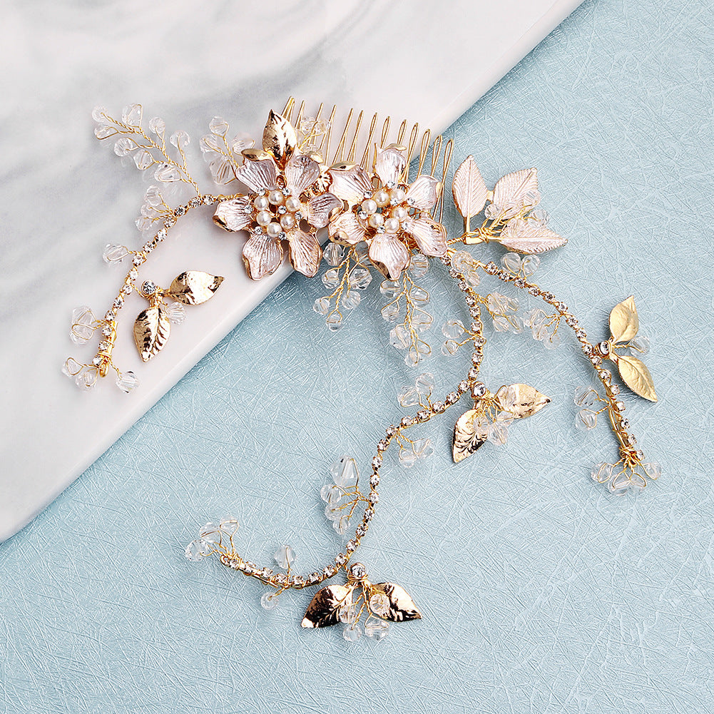 European and American New Jewelry Handmade Bridal Headwear Alloy Flower Branches Hair Comb Pearl Diamond Comb Banquet Hair Accessories