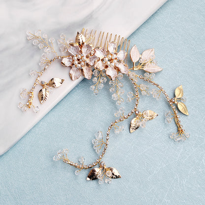 European and American New Jewelry Handmade Bridal Headwear Alloy Flower Branches Hair Comb Pearl Diamond Comb Banquet Hair Accessories