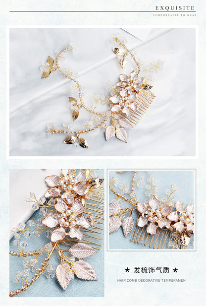 European and American New Jewelry Handmade Bridal Headwear Alloy Flower Branches Hair Comb Pearl Diamond Comb Banquet Hair Accessories