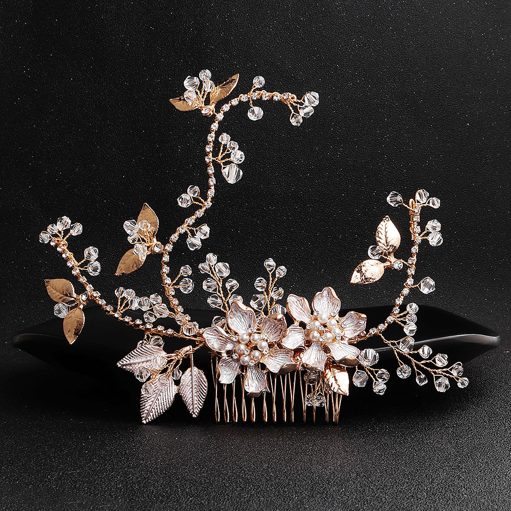European and American New Jewelry Handmade Bridal Headwear Alloy Flower Branches Hair Comb Pearl Diamond Comb Banquet Hair Accessories