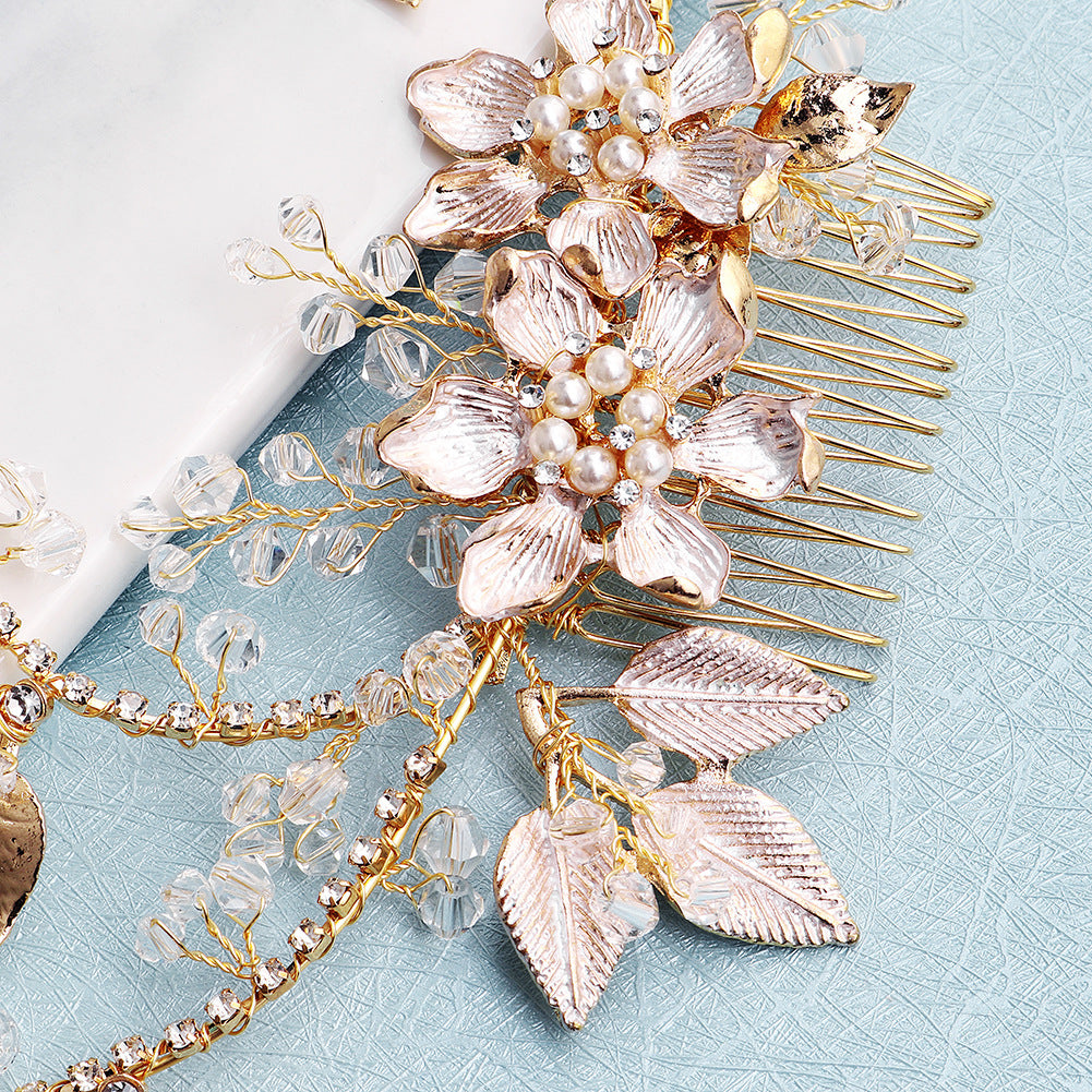 European and American New Jewelry Handmade Bridal Headwear Alloy Flower Branches Hair Comb Pearl Diamond Comb Banquet Hair Accessories
