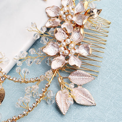 European and American New Jewelry Handmade Bridal Headwear Alloy Flower Branches Hair Comb Pearl Diamond Comb Banquet Hair Accessories