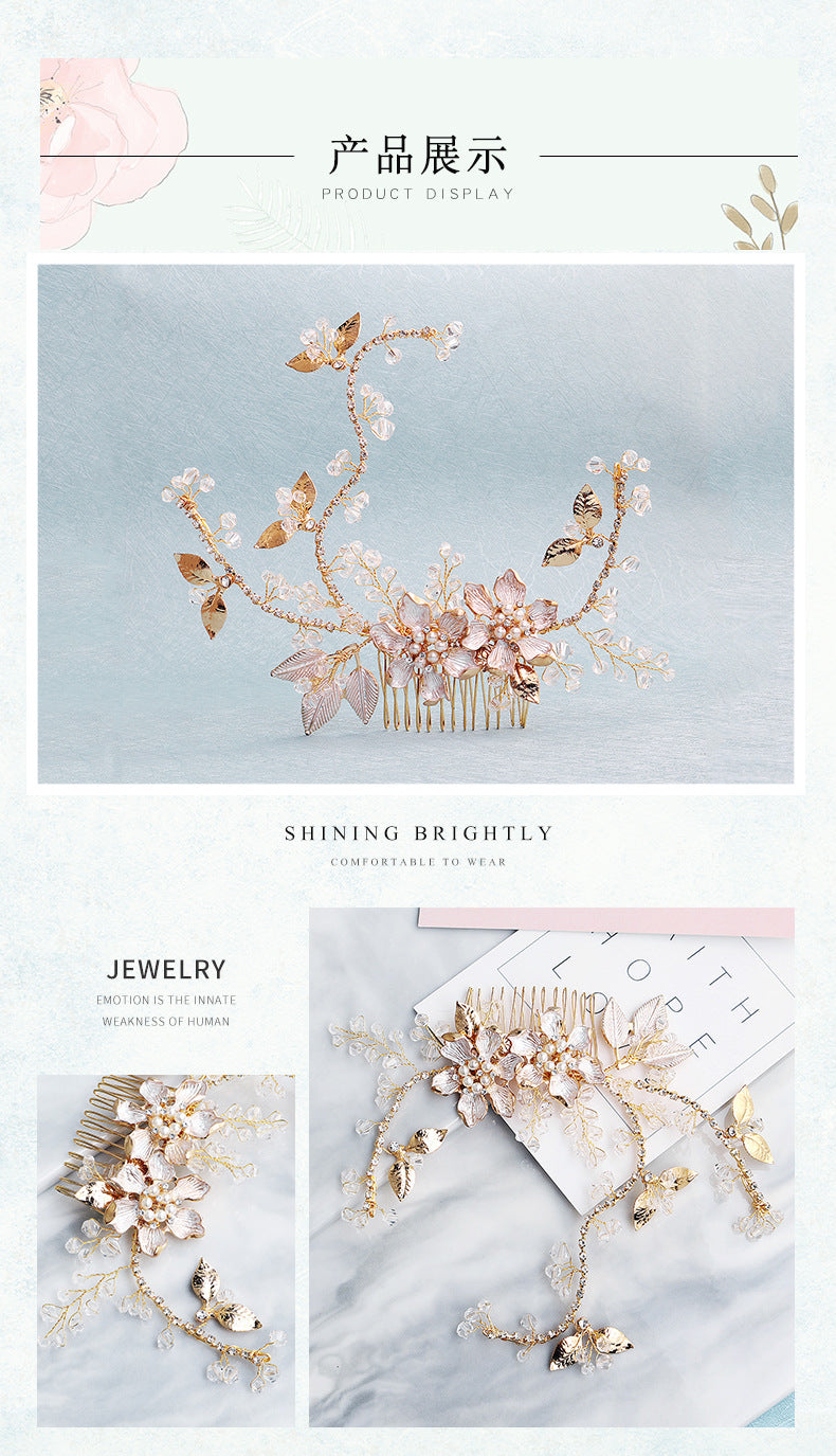 European and American New Jewelry Handmade Bridal Headwear Alloy Flower Branches Hair Comb Pearl Diamond Comb Banquet Hair Accessories