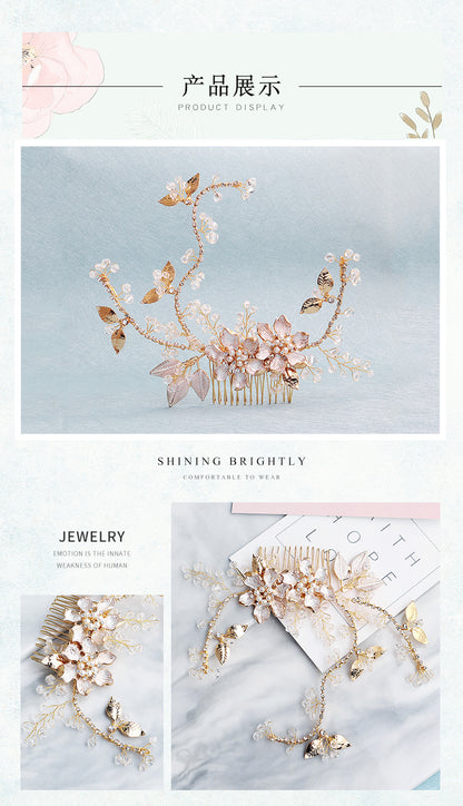 European and American New Jewelry Handmade Bridal Headwear Alloy Flower Branches Hair Comb Pearl Diamond Comb Banquet Hair Accessories