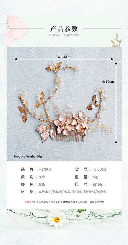 European and American New Jewelry Handmade Bridal Headwear Alloy Flower Branches Hair Comb Pearl Diamond Comb Banquet Hair Accessories