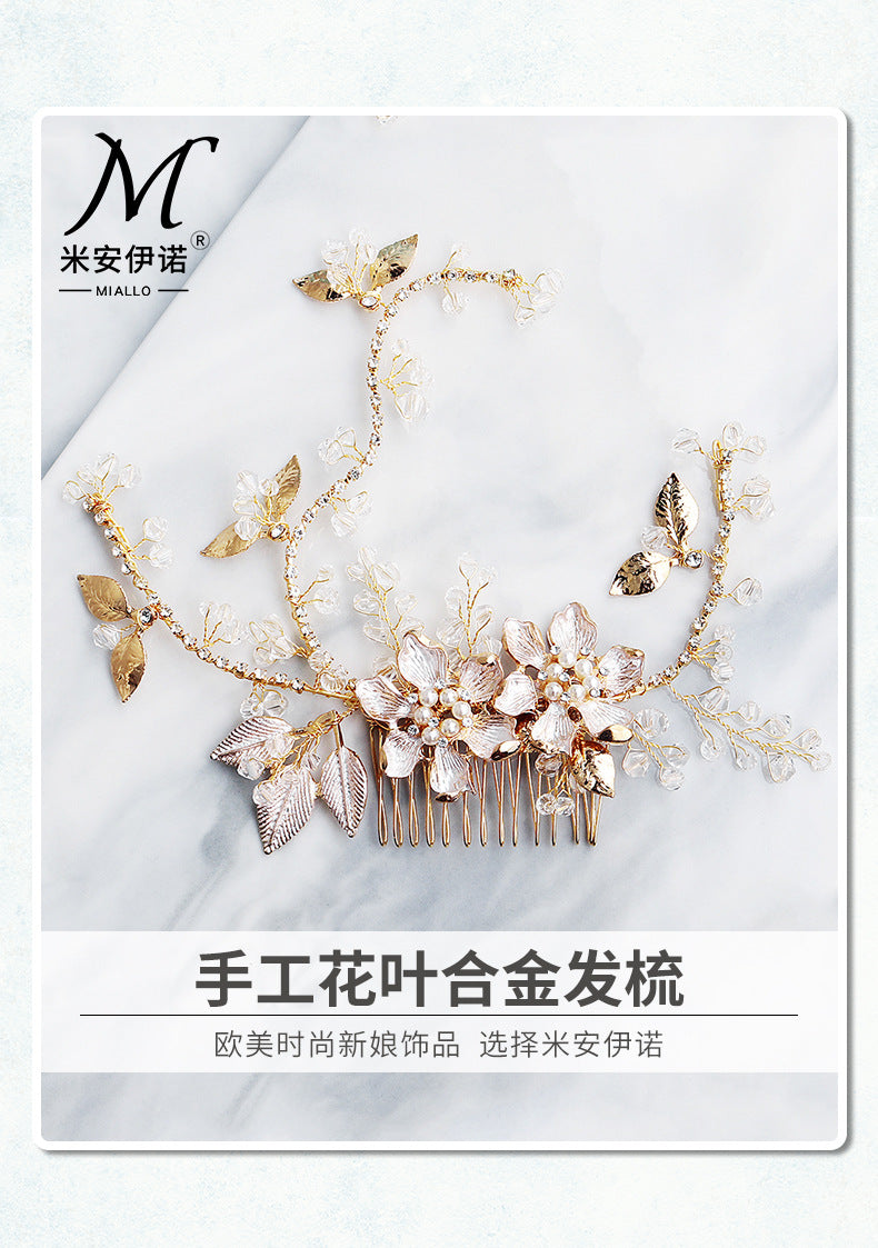 European and American New Jewelry Handmade Bridal Headwear Alloy Flower Branches Hair Comb Pearl Diamond Comb Banquet Hair Accessories