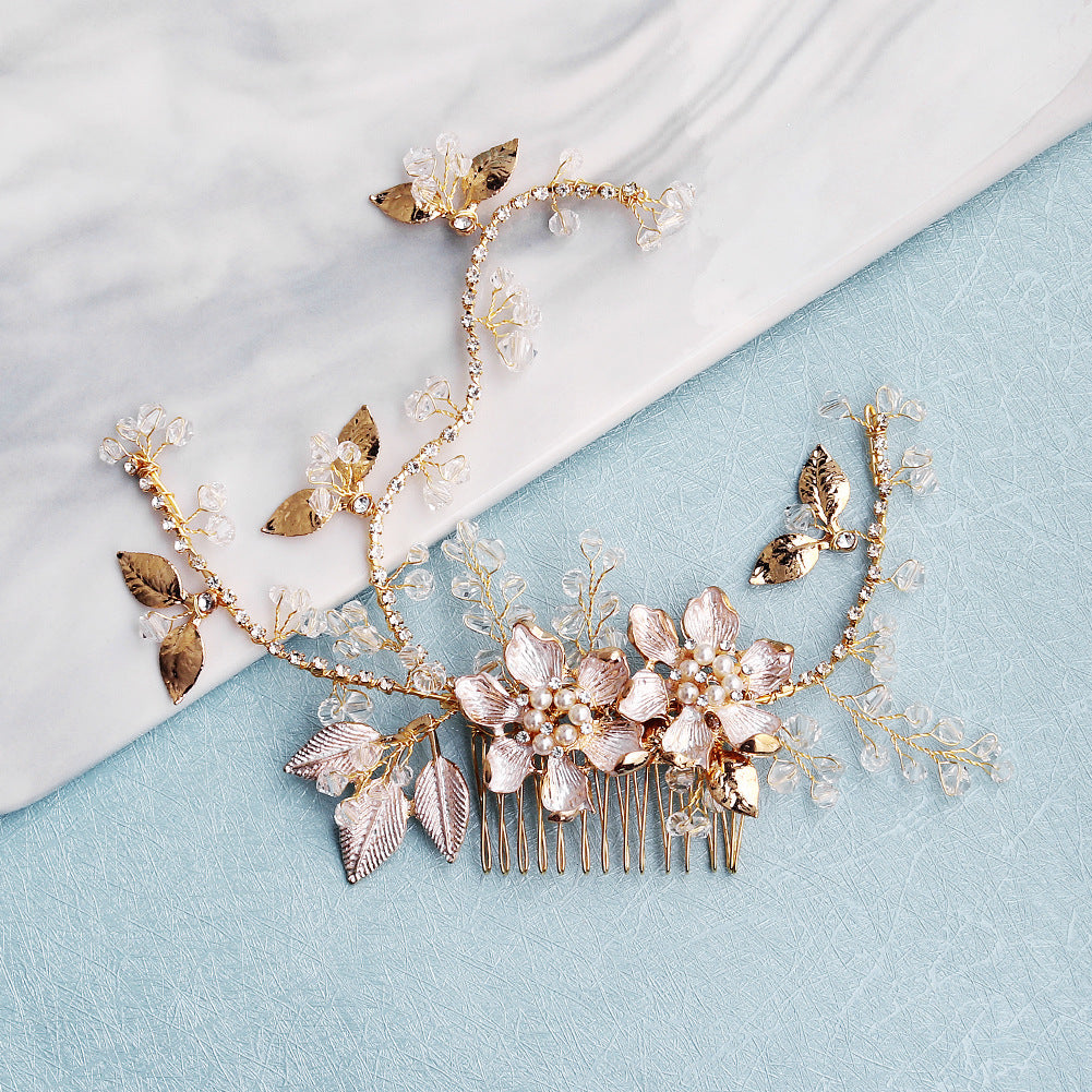 European and American New Jewelry Handmade Bridal Headwear Alloy Flower Branches Hair Comb Pearl Diamond Comb Banquet Hair Accessories