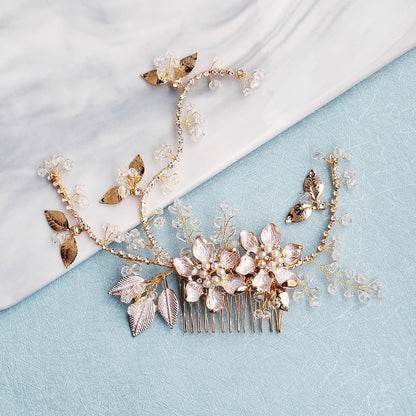European and American New Jewelry Handmade Bridal Headwear Alloy Flower Branches Hair Comb Pearl Diamond Comb Banquet Hair Accessories