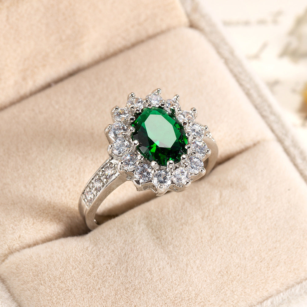 European and American Cross-border Jewelry Fashion OL Emerald Ring Princess Wedding Emerald Same Style Jewelry Advanced Ring
