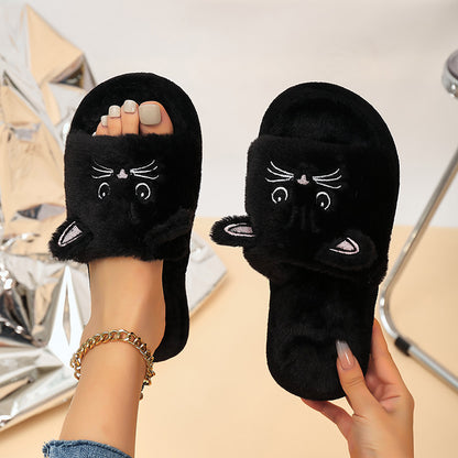 Casual Women's Slippers Home Flats Cat Cartoon Fluffy Luxury Designer Shoes Girls Spring Autumn Elegant Indoor Slides Soft Sole