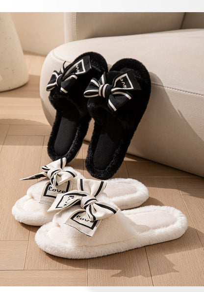 Love Fluffy Women's Slippers House Bow Luxury Designer Woman Shoes Flats Fuzzy Fur Slides Home Spring Autumn Elegant Soft Sole