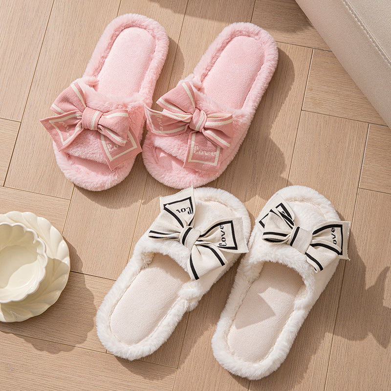 Love Fluffy Women's Slippers House Bow Luxury Designer Woman Shoes Flats Fuzzy Fur Slides Home Spring Autumn Elegant Soft Sole