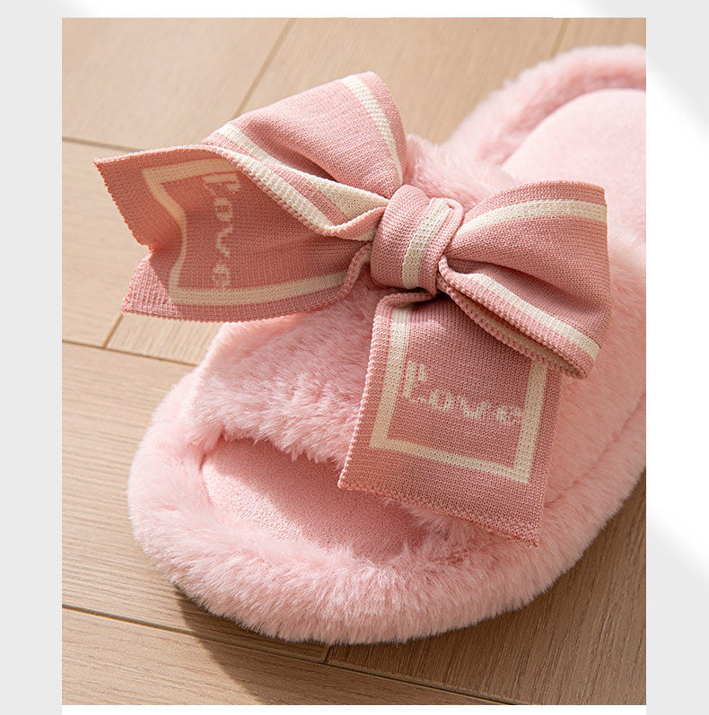 Love Fluffy Women's Slippers House Bow Luxury Designer Woman Shoes Flats Fuzzy Fur Slides Home Spring Autumn Elegant Soft Sole