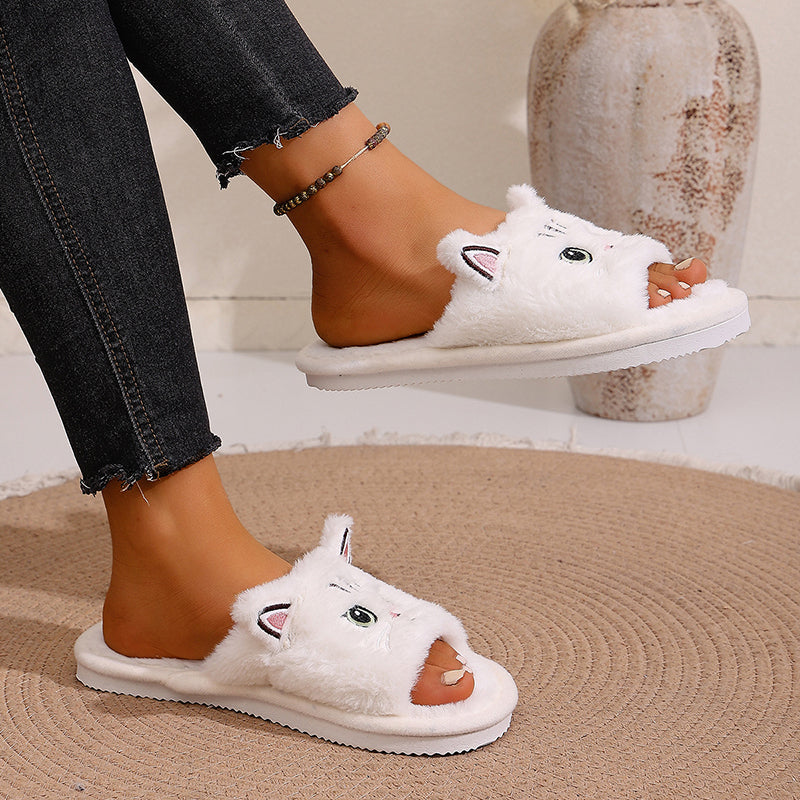 Casual Women's Slippers Home Flats Cat Cartoon Fluffy Luxury Designer Shoes Girls Spring Autumn Elegant Indoor Slides Soft Sole