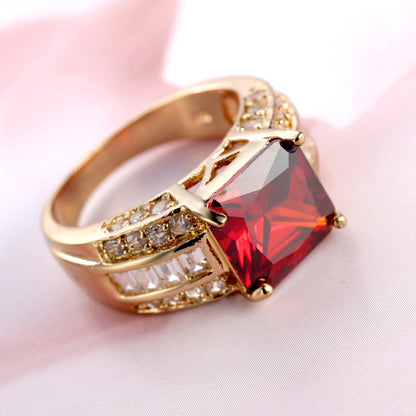 Cross-border Hot Gold-plated Jewelry Men's and Women's Wedding Ring Jewelry Garnet Red Zircon Ring Women's Design Sense Niche Jewelry Trendy