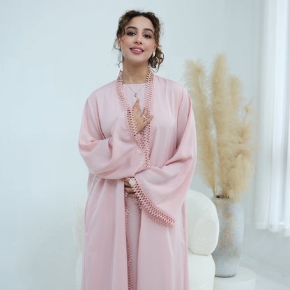 3D Lace Trim Open Abaya & Sleeveless Dress Set(MOA323)