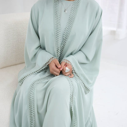 3D Lace Trim Open Abaya & Sleeveless Dress Set(MOA323)