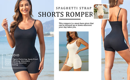 Women Workout Seamless Jumpsuit Yoga Ribbed Bodycon One Piece Spaghetti Strap Shorts Romper