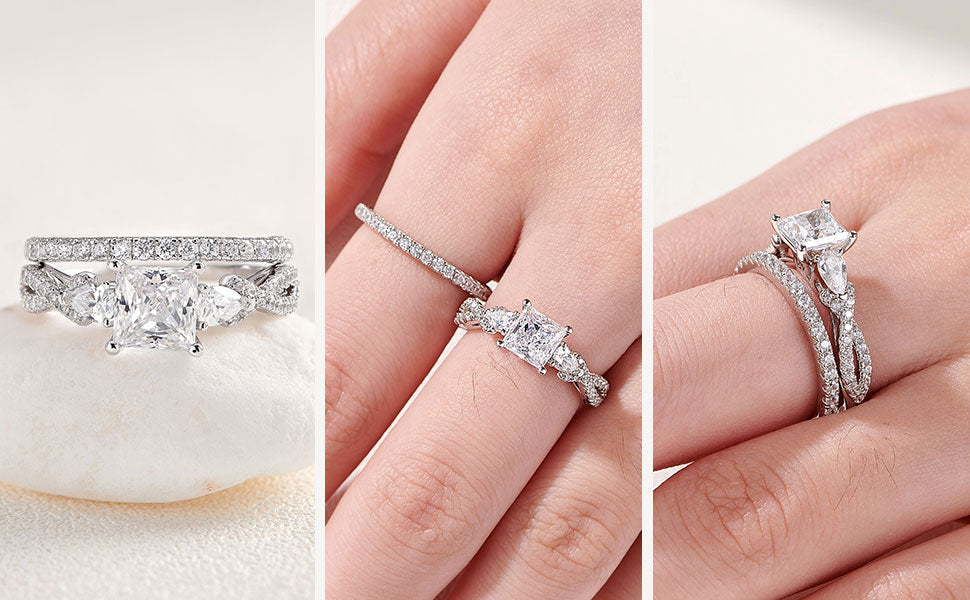 Newshe 2 Pcs Wedding Ring Set 925 Sterling Silver Moissanite Certified Princess Pear Cut Engagement Rings for Women Fine Jewelry