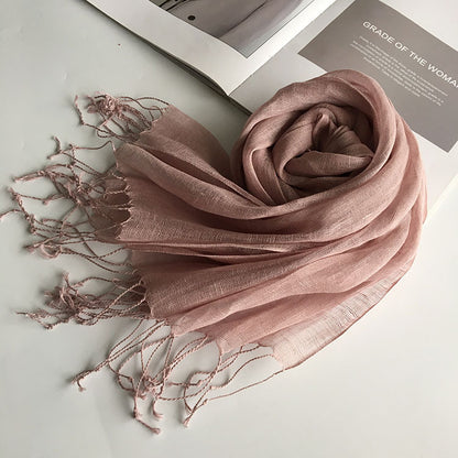 55*180cm Fashion Soft Solid Women 100% Linen Flax Tassel Scarf Summer Travel Sunscreen Long Shawl Elegant Hijab Women Foulard