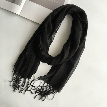 55*180cm Fashion Soft Solid Women 100% Linen Flax Tassel Scarf Summer Travel Sunscreen Long Shawl Elegant Hijab Women Foulard