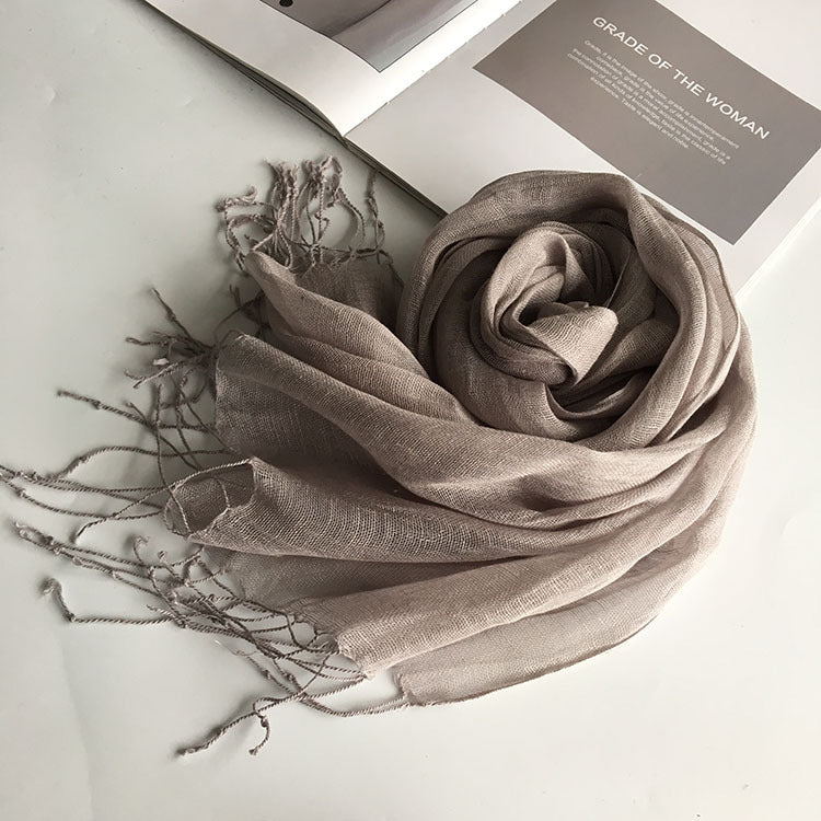 55*180cm Fashion Soft Solid Women 100% Linen Flax Tassel Scarf Summer Travel Sunscreen Long Shawl Elegant Hijab Women Foulard