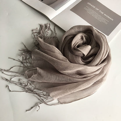 55*180cm Fashion Soft Solid Women 100% Linen Flax Tassel Scarf Summer Travel Sunscreen Long Shawl Elegant Hijab Women Foulard