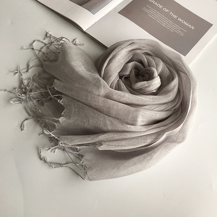 55*180cm Fashion Soft Solid Women 100% Linen Flax Tassel Scarf Summer Travel Sunscreen Long Shawl Elegant Hijab Women Foulard
