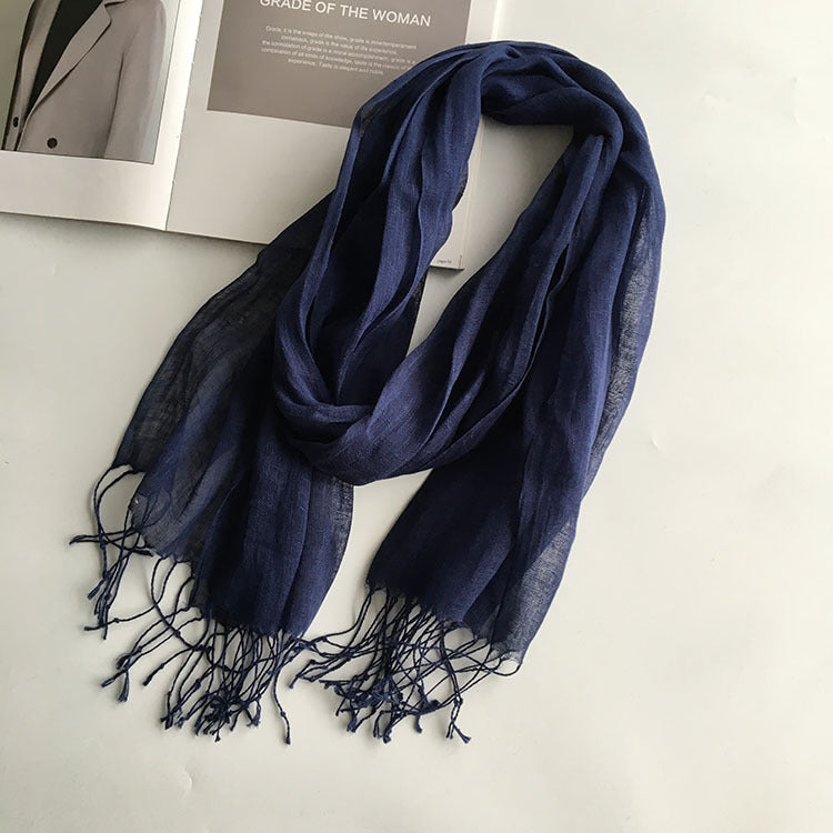 55*180cm Fashion Soft Solid Women 100% Linen Flax Tassel Scarf Summer Travel Sunscreen Long Shawl Elegant Hijab Women Foulard