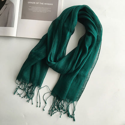55*180cm Fashion Soft Solid Women 100% Linen Flax Tassel Scarf Summer Travel Sunscreen Long Shawl Elegant Hijab Women Foulard