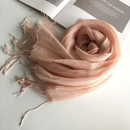 55*180cm Fashion Soft Solid Women 100% Linen Flax Tassel Scarf Summer Travel Sunscreen Long Shawl Elegant Hijab Women Foulard