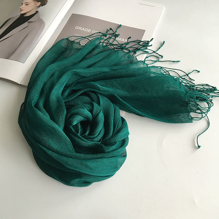 55*180cm Fashion Soft Solid Women 100% Linen Flax Tassel Scarf Summer Travel Sunscreen Long Shawl Elegant Hijab Women Foulard