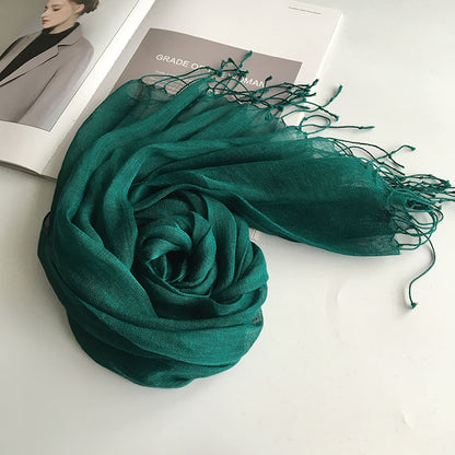 55*180cm Fashion Soft Solid Women 100% Linen Flax Tassel Scarf Summer Travel Sunscreen Long Shawl Elegant Hijab Women Foulard