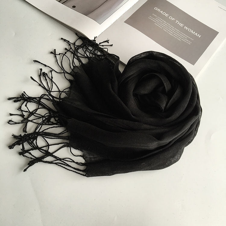 55*180cm Fashion Soft Solid Women 100% Linen Flax Tassel Scarf Summer Travel Sunscreen Long Shawl Elegant Hijab Women Foulard