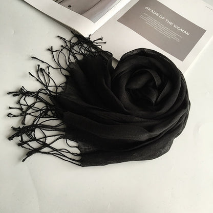 55*180cm Fashion Soft Solid Women 100% Linen Flax Tassel Scarf Summer Travel Sunscreen Long Shawl Elegant Hijab Women Foulard