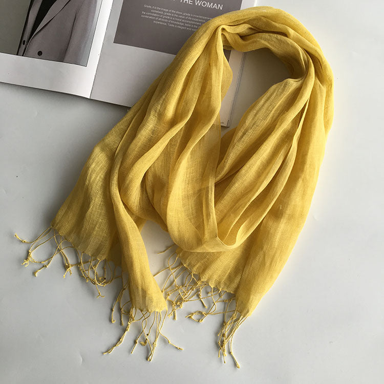 55*180cm Fashion Soft Solid Women 100% Linen Flax Tassel Scarf Summer Travel Sunscreen Long Shawl Elegant Hijab Women Foulard