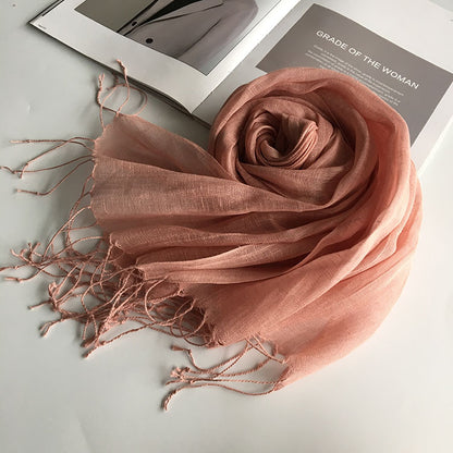55*180cm Fashion Soft Solid Women 100% Linen Flax Tassel Scarf Summer Travel Sunscreen Long Shawl Elegant Hijab Women Foulard