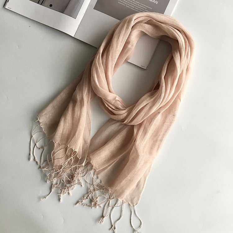 55*180cm Fashion Soft Solid Women 100% Linen Flax Tassel Scarf Summer Travel Sunscreen Long Shawl Elegant Hijab Women Foulard