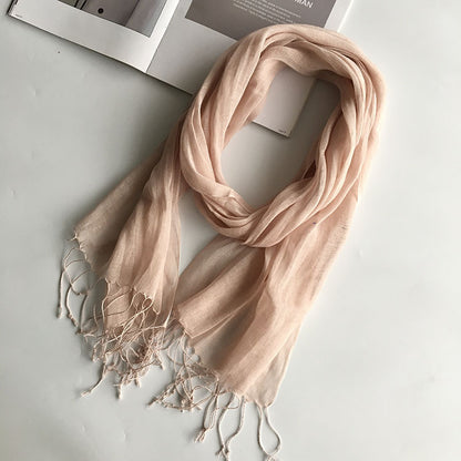 55*180cm Fashion Soft Solid Women 100% Linen Flax Tassel Scarf Summer Travel Sunscreen Long Shawl Elegant Hijab Women Foulard
