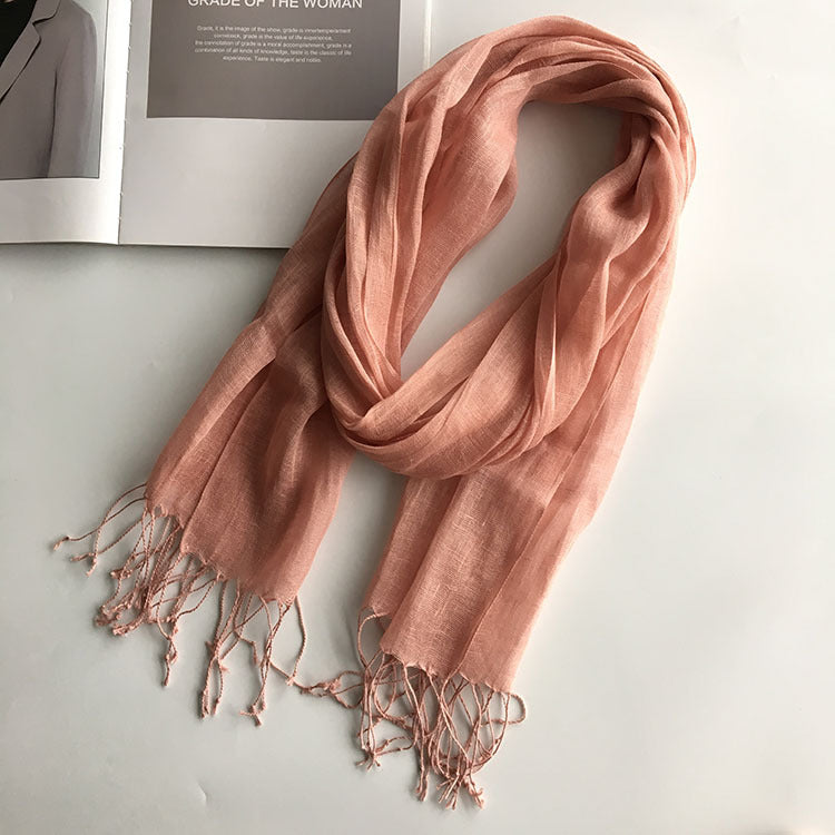 55*180cm Fashion Soft Solid Women 100% Linen Flax Tassel Scarf Summer Travel Sunscreen Long Shawl Elegant Hijab Women Foulard
