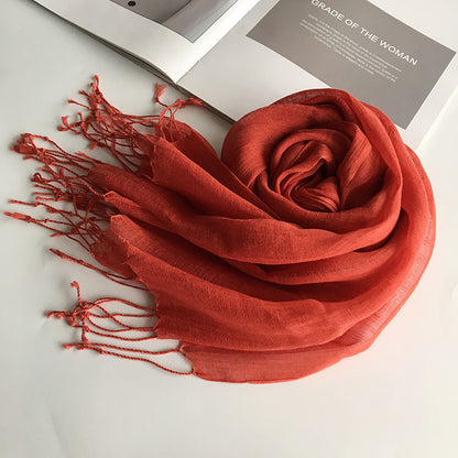 55*180cm Fashion Soft Solid Women 100% Linen Flax Tassel Scarf Summer Travel Sunscreen Long Shawl Elegant Hijab Women Foulard