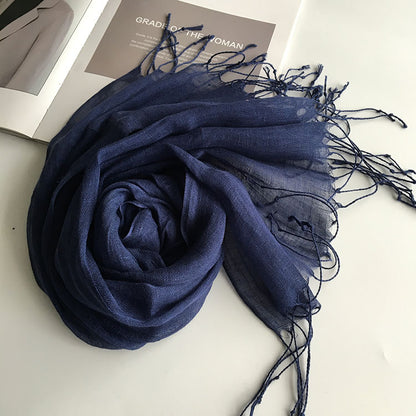 55*180cm Fashion Soft Solid Women 100% Linen Flax Tassel Scarf Summer Travel Sunscreen Long Shawl Elegant Hijab Women Foulard