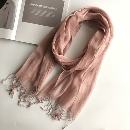 55*180cm Fashion Soft Solid Women 100% Linen Flax Tassel Scarf Summer Travel Sunscreen Long Shawl Elegant Hijab Women Foulard