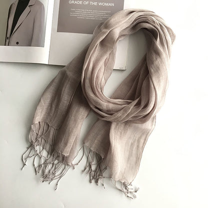 55*180cm Fashion Soft Solid Women 100% Linen Flax Tassel Scarf Summer Travel Sunscreen Long Shawl Elegant Hijab Women Foulard