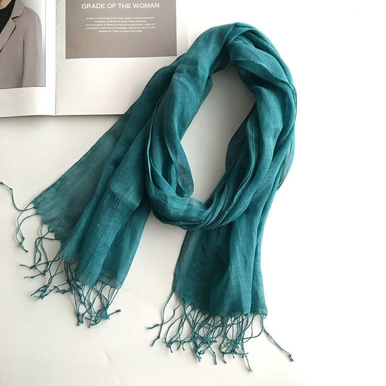 55*180cm Fashion Soft Solid Women 100% Linen Flax Tassel Scarf Summer Travel Sunscreen Long Shawl Elegant Hijab Women Foulard