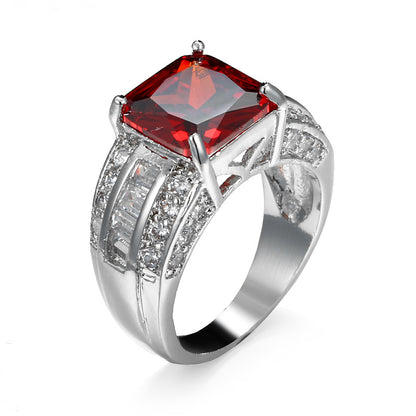 Cross-border Hot Gold-plated Jewelry Men's and Women's Wedding Ring Jewelry Garnet Red Zircon Ring Women's Design Sense Niche Jewelry Trendy